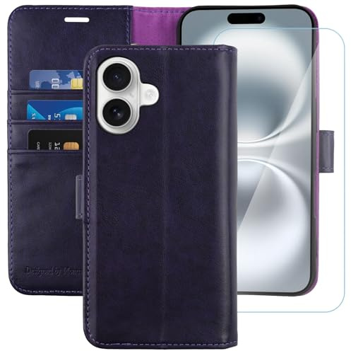 MONASAY for iPhone 16 5G wallet case,[Glass Screen Protector Included] [RFID Blocking] Flip Folio Leather Cell Phone Cover with Credit Card Holder, 6.1-inch, Purple