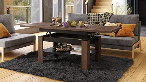 designimpex Design Couchtisch Tisch Rio stufenlos höhenverstellbar 55-67 cm ausziehbar 130-170cm mit Ablagefläche Esstisch, Farbe:Eiche dunkel/Schwarz matt