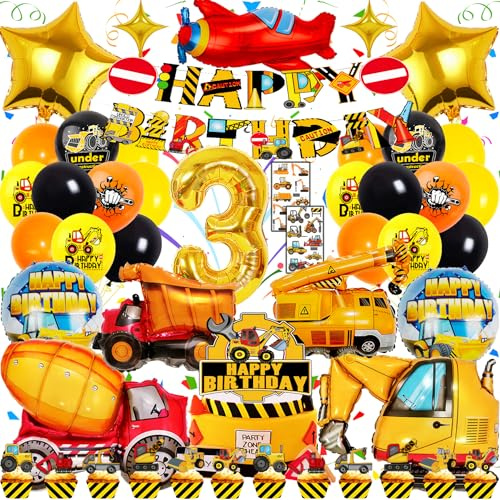 Zaztytoy Bagger Geburtstag Deko 3 Jahre für Jungen – XXL Bagger Folienballons, 48-Teiliges Baustelle Partyzubehör mit Kuchendeko & Tattoo-Aufklebern – Perfekt für 3. Geburtstag & Baustellen Party