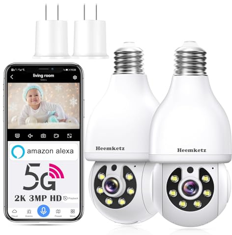 Heemketz säkerhetskamera med glödlampa – 2K/3MP HD, 360° rörelsespårning, mörkerseende, kompatibel med Alexa, trådlös WiFi-säkerhetskamera med tvåvägsljud
