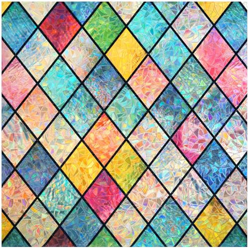 Haton Stained Glass Window Film, Rainbow Window Privacy Film, Decorative Sun Blocking Glass Clings Stickers, Static Cling Colorful Lattice Coverings Decals for Home Door 90x200cm