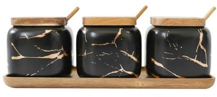 FOVAOK Ensemble de pots à épices en céramique marbrée pour accessoires de cuisine, salière, sucre, poivrière, boîte de rangement (avec cuillère) (noir)