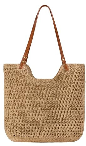 Mabecol Strandtasche Damen, Häkeltasche Große Handtasche Damen, Leichte Schultertasche, Boho Shopper Tasche, Sommer Tasche Geflochten, Einkaufstasche Beach Bag (khaki)