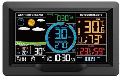 TIEOAXFT Station météo Professionnelle Couleur sans Fil for intérieur/extérieur, hygromètre, thermomètre, pluviomètre, Vitesse du Vent, Direction, prévisions, Horloge