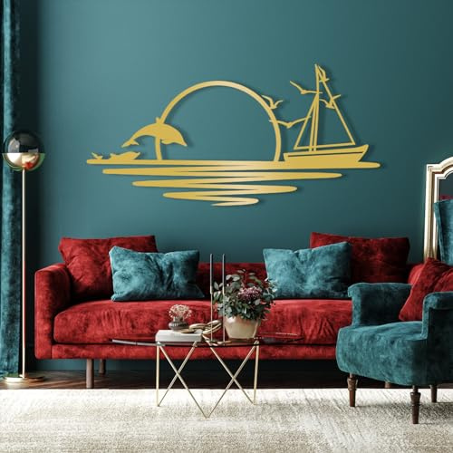 Metallwandkunst mit Sonnenaufgang und Sonnenuntergang, Wandkunst Schiffen Delfinen, Metall Sonne Möwen, Wildtieren, nautische Metallwandation