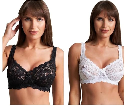 COSHAL® 2 Wired Bras Womens Floral Lace Underwired Bra Full Coverage Lace Bra – Soft Cup Non-Padded Push up Bra with Adjustable Straps Women Every Day Bras Black & White 42C