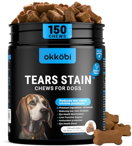 OKKÖBI Tear Stain Chews and Eye Vitamins for Dogs - 150 Vision Soft Bites - Eye Supplements for Dogs with Lutein, Eyebright, Cranberry & Vitamin C - Chicken Flavor