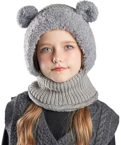 SEAUR slip-mössa flicka 4–10 år fodrad stickad mössa för barn, halsduk för barn, balaclava vintermössa, söt björn, GRÅ, 4-10 år