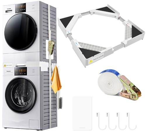 YTACREA Kit Sovrapposizione Universale per Lavatrice Asciugatrice, Supporto Asciugatrice Sopra Lavatrice con 8 Cuscinetti Antivibranti e 1 Corde a Cricchetto, Telaio Intermedio Regolabile 44.5-70 CM