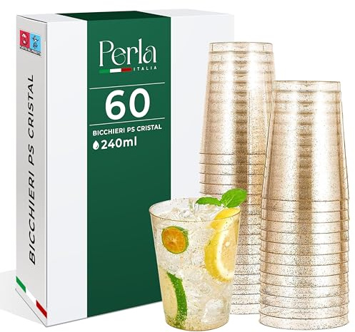 Perla - 60 Bicchieri di Plastica Rigida Lavabili 240 ml - Bicchieri Traparenti con Glitter Dorati - Bicchieri Oro, Bicchieri di Plastica Dura Riutilizzabili per Bevande, Cocktail, Dessert, Feste