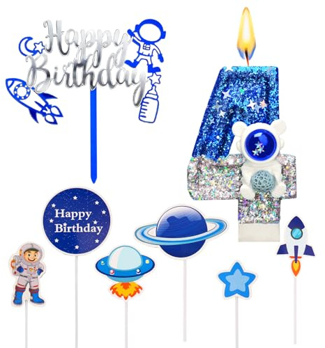 Weltraum Geburtstagskerzen Zahlen 4,Astronaut Kerzen Geburtstag Kinder,Weltall Raketen Kindergeburtstag Kuchen Deko,Geburtstagsdeko Jungen,Kerze Tortendeko für Geburtstags Party