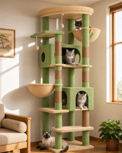 Globlazer Árbol Rascador Verde Cactus Grande 188 cm con 2 Grandes Nidos 50*30*30CM, Plataformas Acolchada, 2 Cesta, Estable Árbol Rascador XXL para 3-5 Grande Gato Adulto Gatos Interior (S74, Verde)