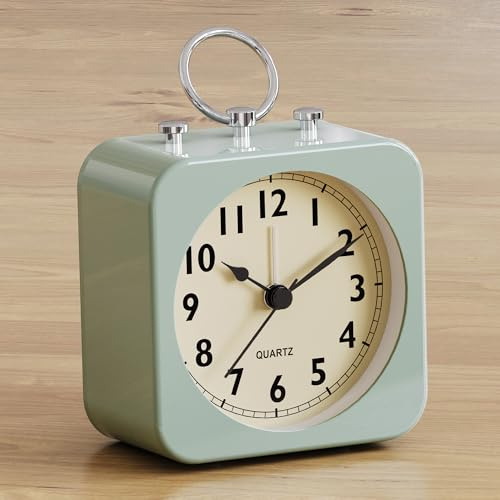 AYRELY® Analog-Wecker, batteriebetrieben – Kleiner quadratischer Tischwecker im Retro-Design aus Metall, geräuschlos ohne Ticken, mit Licht, für Schlafzimmer, Nachttisch oder Regal (Rund Grün)