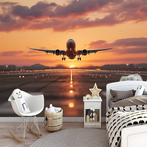 Carta da Parati Fotomurale XXL 250 x 175 cm, Colore Arancione Poster Murale in Tessuto Non Tessuto per Parete TV Corridoio e Soggiorno, Decorazione Impatto Arte Tramonto Aereo Pista Di Atterraggio