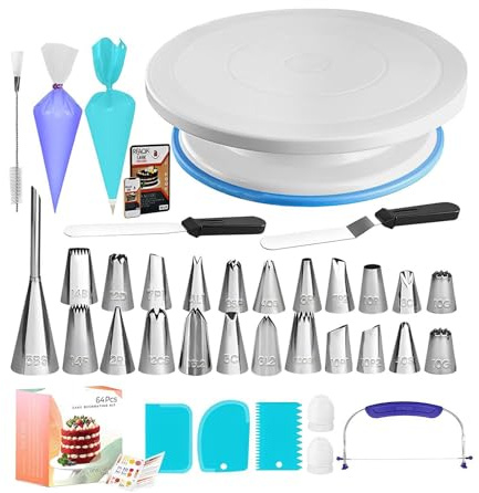 Kit professionale per decorare torte - Confezione iniziale completa, punte per glassa multimodello, strumento per livellare il raschietto, supporto girevole antiscivolo | Accessorio artigianale per
