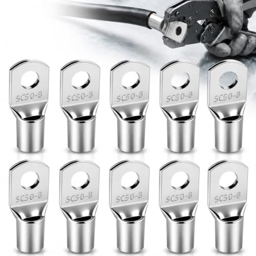 10 PCS Battery Terminal Connectors, 50mm² M8 Thickened Copper SC Lugs | Uninsulated Copper Heavy Duty Cable Crimp Ring Terminals Ends Set Boat Car Luges