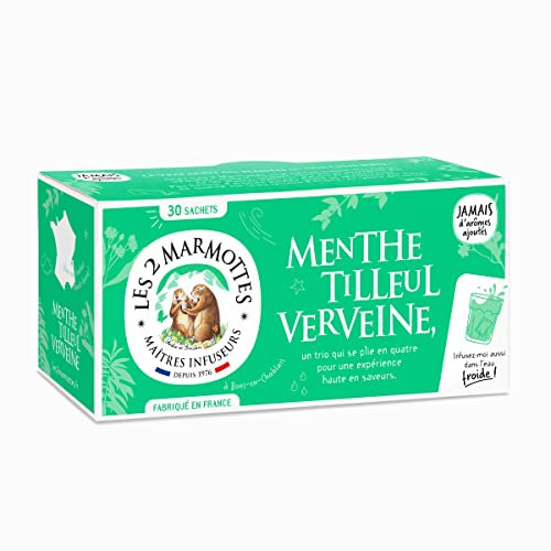 Les 2 Marmottes Infusion Menthe Tilleul Verveine- Douceur et Fraicheur - Bien-Être et Relaxation - Pour le soir - 30 Sachets - Made in France
