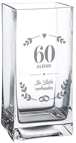 Casa Vivente Blumenvase aus Klarglas mit Gravur zur Diamanthochzeit, Rechteckige Glasvase mit Ring Motiv, Geschenk zum 60. Hochzeitstag, 20 x 10 x 10 cm