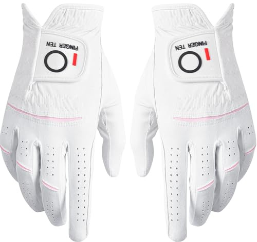 FINGER TEN Golf Gloves Ladies Right Hand All Weather Soft Rain Grip in Pair or 2 Pack, Women Golf Glove Flexible Wear Resistance for Perfect Swing (White,M(Worn on Both Hand))