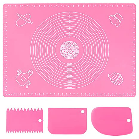 Silicone Pink 70x50cm Baking Sheet with Measurement, Non-Slip & Non-Stick Dough Kneading Board, Bread & Fondant Mat, Cooking Bakeware Table Placemat (Scraper)