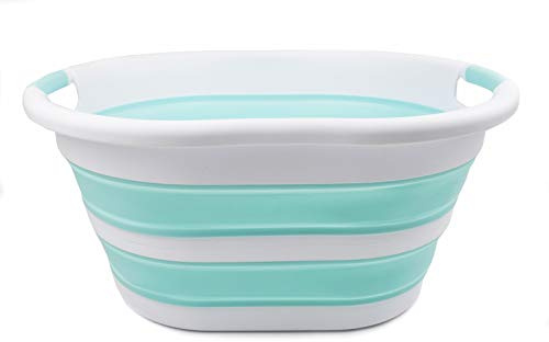 SAMMART 36L Collapsible Plastic Wäschekorb - Ovale Wanne/Korb - Faltbarer Vorratsbehälter/Organizer - Tragbare Waschwanne - Platzsparender Wäschekorb, Wasserkapazität: 28L (1, White/Lake Green)