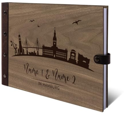 Personalisiertes Hochzeit Gästebuch echtes Holz DIN A4 Hochzeitsbuch mit Lasergravur - Hamburg - mit 72 Blatt / 144 Seiten Naturpapier Weiß