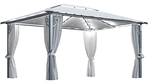 vidaXL Tonnelle avec Rideau et Lumières LED Belvédère de Jardin Pavillon d'Extérieur Tente de Réception Chapiteau Barbecue 400x300 cm Crème Aluminium
