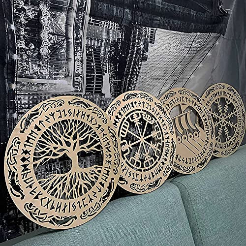 4 Stück Wikinger Holz Wanddekoration Baum des Lebens Nordische Runen Amulett Kriegsschiff Home Decor Graffiti-Fähig Fertig zum Aufhängen für Wohnzimmer