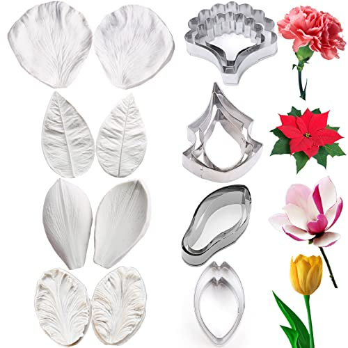 8set Sugar Flower Paste Cutter and Fondant Petals Silicone Mould Cookie Cutter Gum Paste Tools Sugarcraft Veiners Tools for Wedding,Birthday Cake Decorating