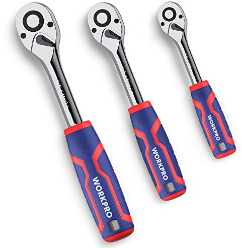 WORKPRO 3-Piece Ratchet Set, 1/4, 3/8, 1/2 Drive Ratchet Wrench, Quick-Release Reversible, 72-Tooth, Chrome Alloy Made