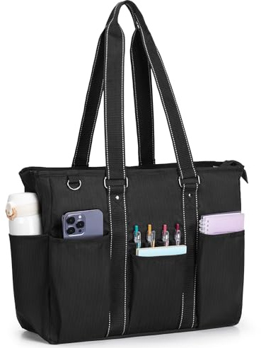 Damero Sac de professeur, sac de travail pour professeur avec pochette rembourrée pour ordinateur portable, sac utilitaire pour professeur avec plusieurs poches pour l'école, le travail, Noir