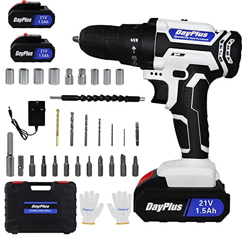 21V Cordless Power Drill Set,Electric Screwdriver Combi Drill Set with 2-Variable Speed,25+1 Torque 3/8 Chuck Handheld Drills Driver with 2×1.5Ah Li-Ion Batteries,Charger,26PCS Drill Bits,1 Kitbox