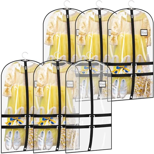 SLEEPING LAMB 6 Packs Clear Dance Garment Bags for Dancers with 4 Pockets, 40 Kids Dance Costume Garment Bag for Travel and Dance Competition, Hanging Clothes Storage for Dress, Uniform, Black