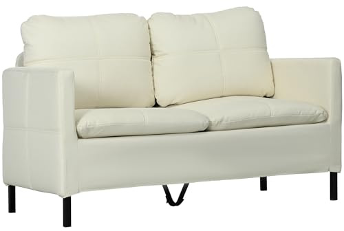 HOMCOM - Sofá de 2 plazas (135 cm, estilo contemporáneo, con 4 cojines, acero negro, revestimiento de tela, aspecto de lino crema
