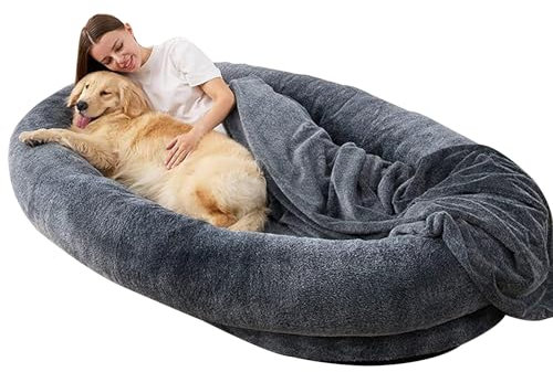 PPGE Home Hundebett in Menschlicher Größe, Hundekorb, Waschbares Kunstfell, Dösen aus, Nickerchen, Orthopädisches Hundebett, Riesiger Sitzsack Hundebett mit(Size:185x120x30cm,Color:Dunkelgrau)