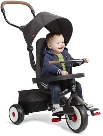 Radio Flyer City 4-in-1 Stroll 'N Trike, Black, for Riders 1-5 Years Old, 4 Riding Modes, 3 Point Harness with Comfort Pad, Parent Controlled Steering, Rear Storage, Stroller Tricycle for Toddlers