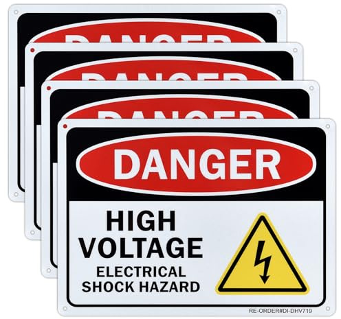 Danger High Voltage Sign- 4 Pack, Electrical Shock Hazard Sign- 10x7 Inches Aluminum Warning Sign for Indoor or Outdoor Use- Reflective UV Protected and Weatherproof