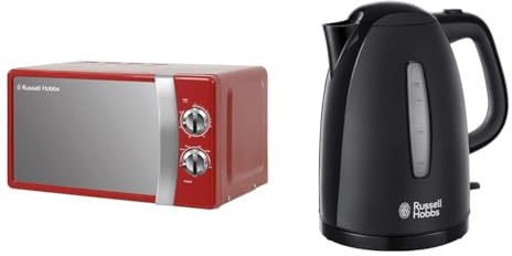 Russell Hobbs RHMM701R 17 Litre 700 W Red Solo Manual Microwave with 5 Power Levels, Ringer & Timer & Textures Electric 1.7L Cordless Kettle (Fast Boil 3KW, Black premium plastic, matt