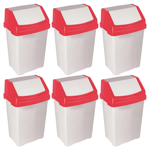 TENLITE BULK BUY 6 PCS - 50L Litre High Grade Plastic Coloured Swing Top Lid Bin Kitchen Household Waste Recycling Rubbish Dustbin Daily Usage Trash Can Refused Bin For Office, Bathroom - (RED)