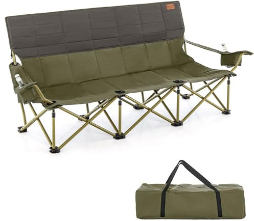 COSTWAY Campingstuhl für 3 Personen, Klappstuhl mit gepolstertem Sitz, Getränkehalter und verstellbaren Armlehnen, 450 kg Tragfähigkeit, klappbarer Angelstuhl, Faltstuhl für Camping (Grün)