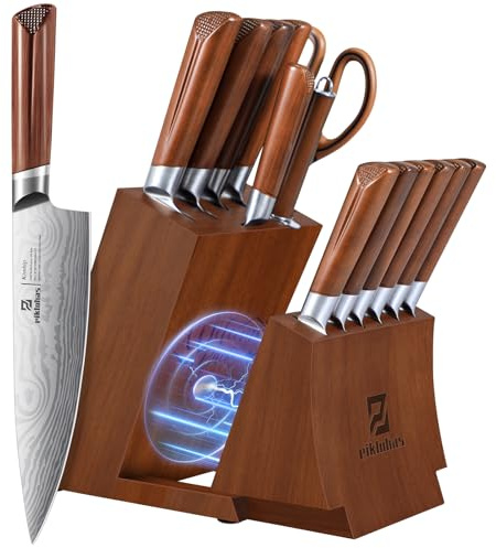 Kitchen Knife Sets with Block, Piklohas 15 Pieces Knife Sets with Magnetic Detachable Knife Holder, High Carbon Steel Damascus Pattern Chef Knife Set with Steak Knives, Ideal for House Warming Gift