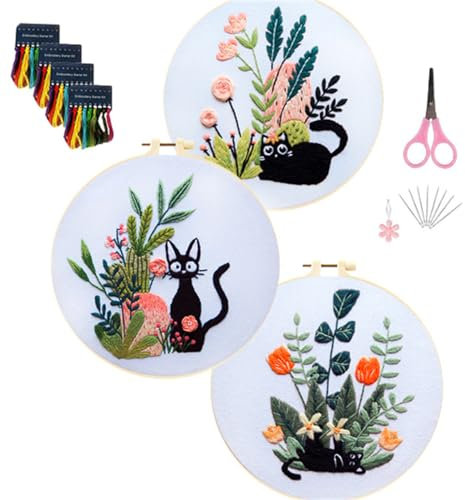 Meecaa 3 Stück Katze Blume Tier Kaktus Stickerei Kit Starter Set Handstickerei Set Muster gedruckt Kreuzstich Set für Anfänger Erwachsene mit Stickrahmen und Anleitung (Katze)