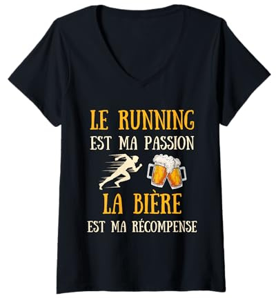 Femme Running Bière Homme Humour Course À Pied Idée Cadeau Vintage T-Shirt avec Col en V