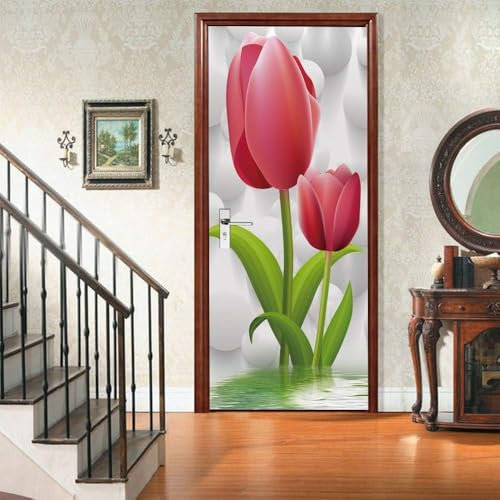 Türtapete Selbstklebend 90x200 Rote Blume Türaufkleber 3D Türposter Blume Fototapete Türfolie Türklebefolie Wasserdichte für Türwand Dekoration Tapete a6464