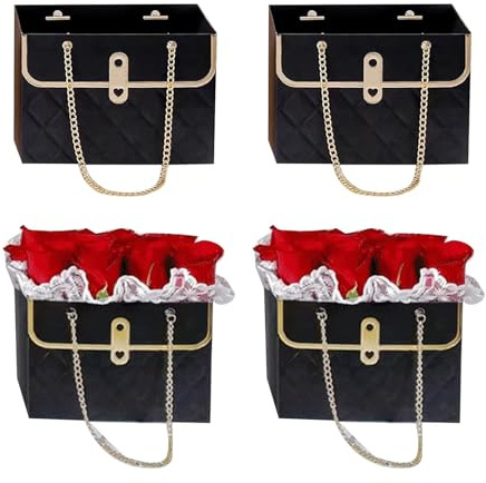 4 Stück Blumen-Papierboxen, Blumensträuße, Tasche, Floristen-Aufbewahrungseimer, Blumenstrauß-Boxen mit Metallkette, für Floristen, Hochzeit, Gastgeschenke, Party