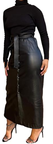 OLAMIOSO Womens High Waisted Sexy PU Leather Long Skirt, Women's Faux Leather Long Skirt High Waist Sexy Button Down Front Slit Bodycon Skirts with Belt (Black, M)
