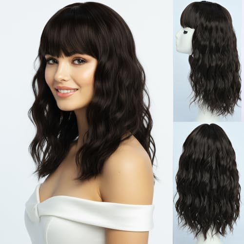 SIMKAYLEE Peruk mörkbrun vågig medellång med lugg damer peruker mörkbrun halvlånga lockar för kvinnor för dagligt bruk karneval temafest halloween cosplay (40 cm)