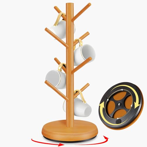 ZYZWTG Mug Holder Tree,New Upgraded 360° Rotated 8 Hooks Coffee Cup Holder for Counter,Wood Coffee Mug Rack Standing for Co ffee Bar Accessories and Kitchen Home Organizer(Brown)