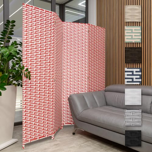 HEXIM Paravent 180 x 180 cm – skiljevägg i 4 delar vikbar för inomhusbruk – fristående rumsavdelare för inomhusbruk, dekorativt insynsskydd (L24100-vit och röd)