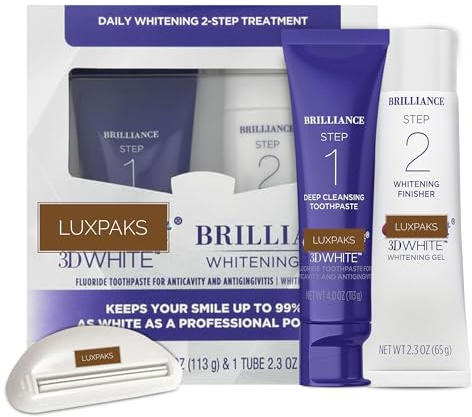 CRST 3D White Brilliance 2 Step Kit – Deep Clean Toothpaste (4oz) + Teeth Whitening Gel (2.3oz) Bundled with LUXPAKS Toothpaste Squeezer – Advanced Whitening and Deep Clean System